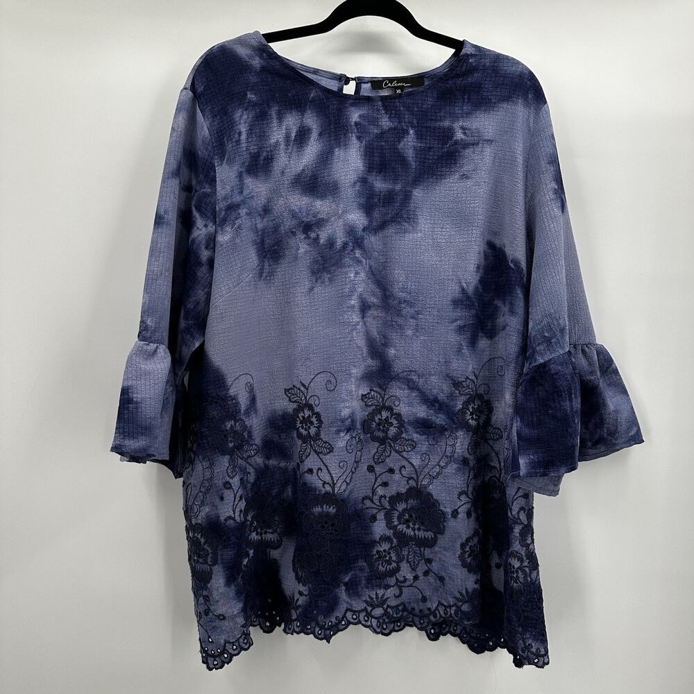 Calessa Shirt Top Womens XL Blue Purple Floral Embroidered Ruffle Sleeve